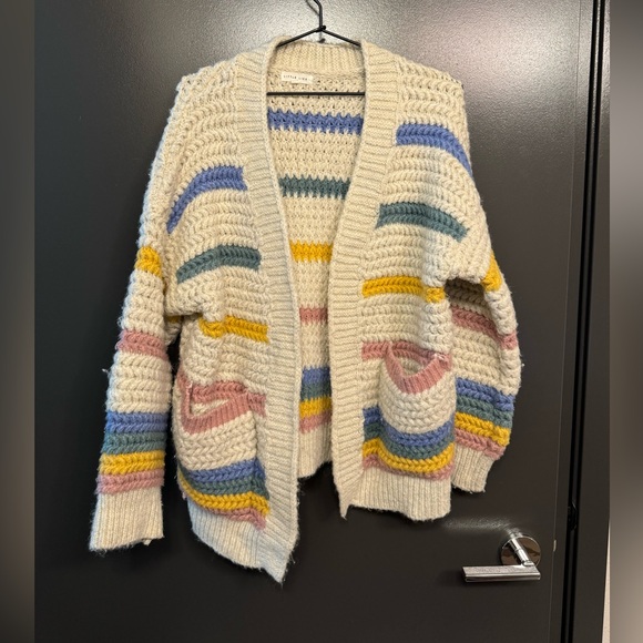 Anthropologie Little Lies Cream and Blue Chunky Knit Cardigan